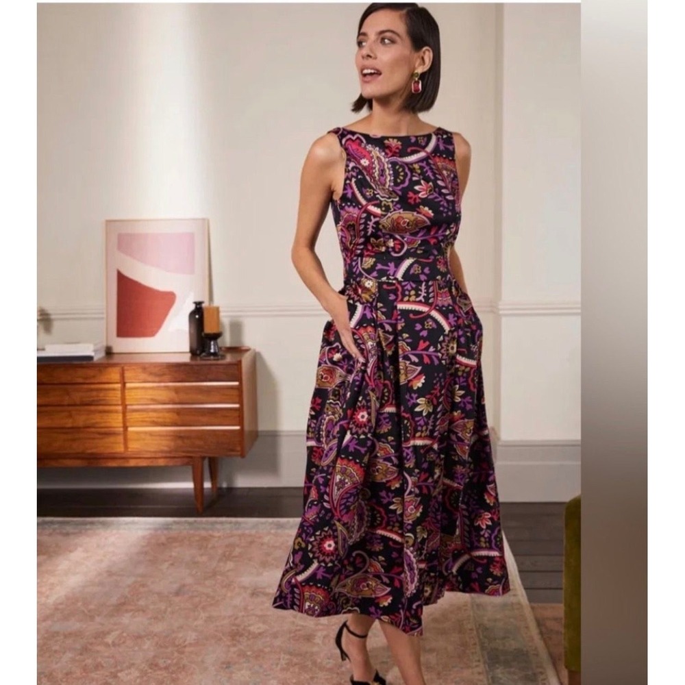 BODEN New Paisley Print Sleeveless Dress A Line Midi Multicolor US 10 D0104 BLK